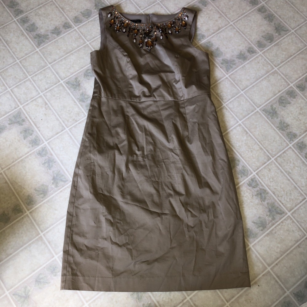 Talbots Tan Sheath polished Cotton Dress Size 8 Petite Gem Encrusted Fully Lined